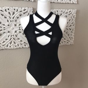 NWOT black criss-cross front bodysuit